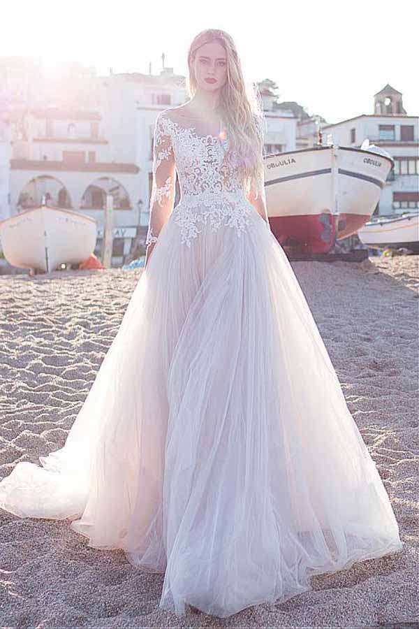 Tulle Scoop Neckline Pink A-line Lace Long Sleeves Wedding Dresses uk ...