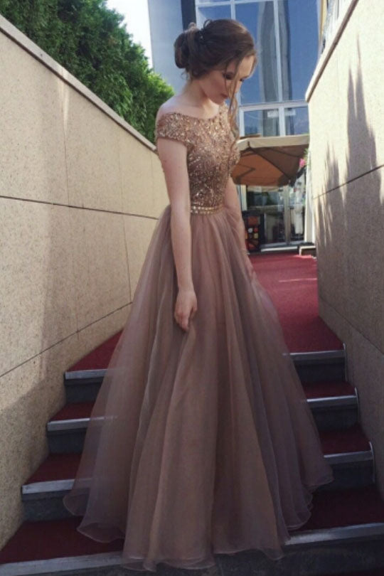 Prom Dresses UK,Gorgeous A-Line Backless Cap Sleeves Scoop Tulle Brown ...