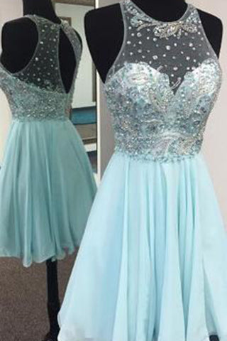 Elegant Jewel Short Illusion Back Mint Homecoming Dress With Beading R ...