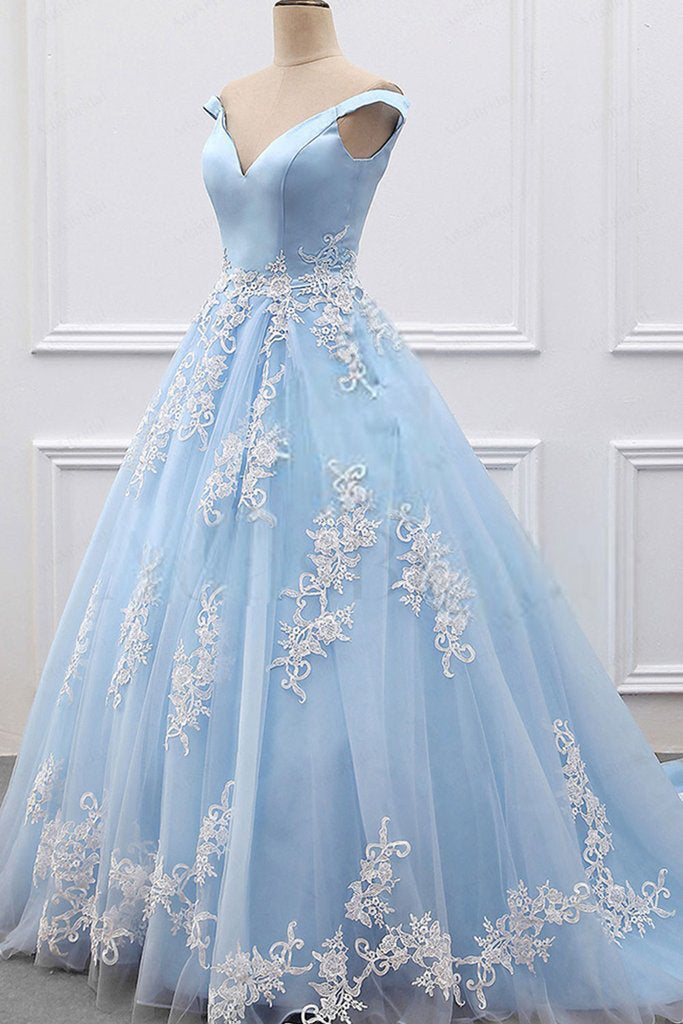 2019 Sky  Blue  Appliques Off the Shoulder V Neck Prom  