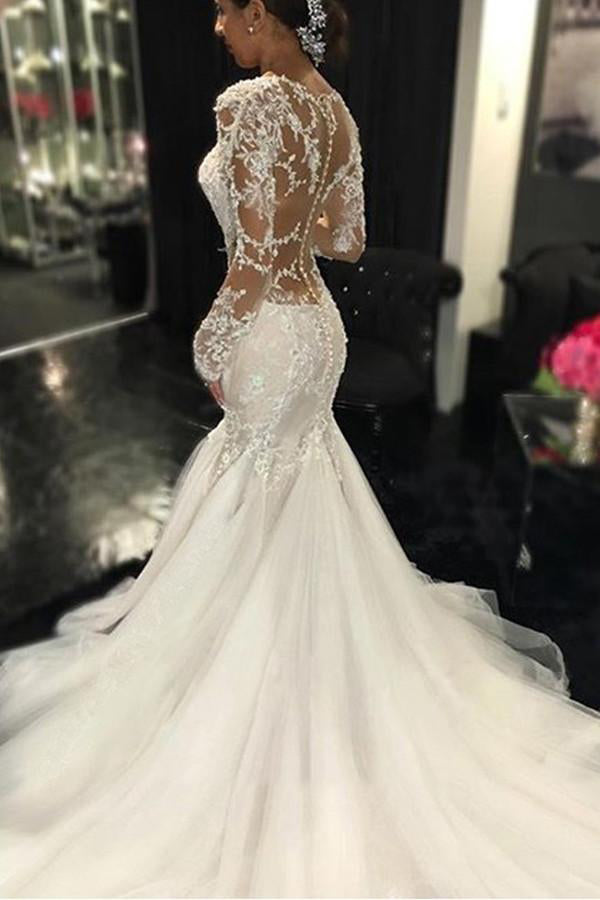 Long Sleeves Ivory V Neck Mermaid Tulle Lace Appliques Wedding Dress Promdressmeuk 4537