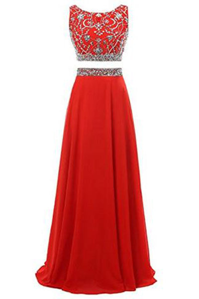 Two Pieces Beads Maxi Chiffon Long Prom Dresses Evening Gowns ...