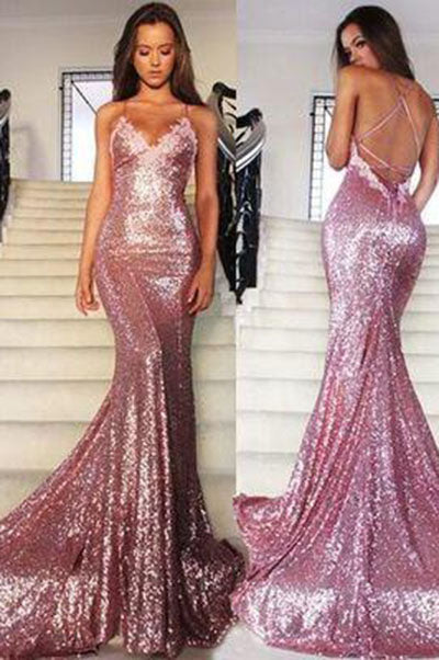 Rose Gold Sequin Mermaid Prom Dresses Long Spaghetti Strap Sexy Backless Evening Gowns Formal 