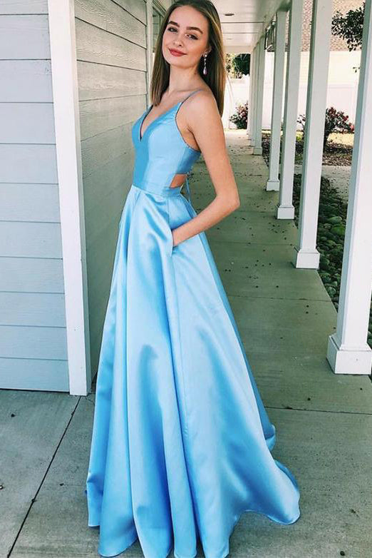 A Line V Neck Light Blue Satin Cut Out Prom Dresses With Pockets 0499