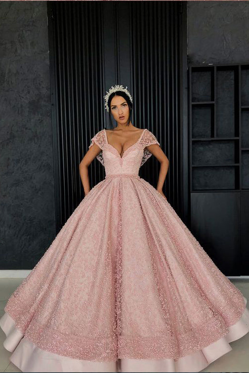 Chic Ball Gown Straps Pink Cap Sleeve Sparkly V Neck Beads Quinceanera ...