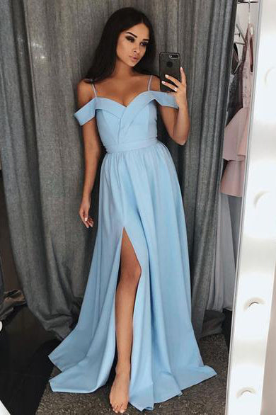 A Line Blue Sweetheart Cold Shoulder Satin Prom Dresses with Slit Long ...