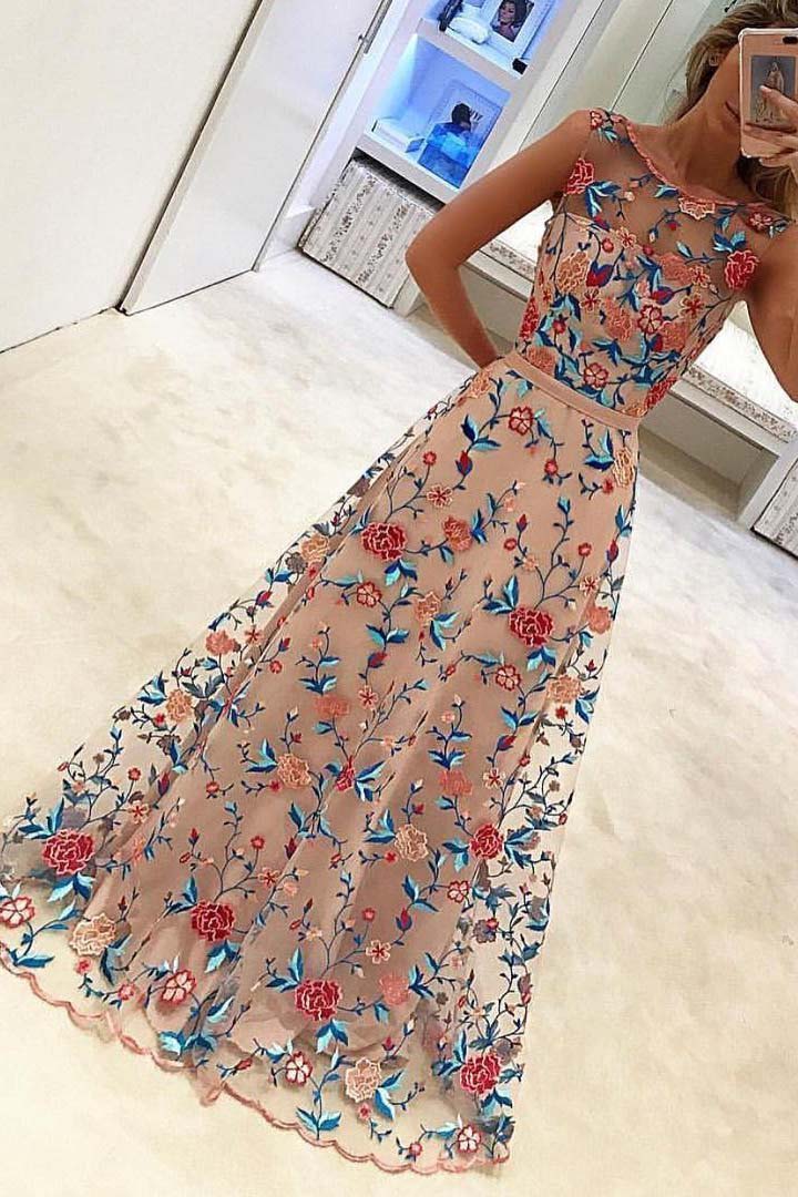 A Line Floral Scoop Sleeveless Prom Dresses with Embroidery, Long ...