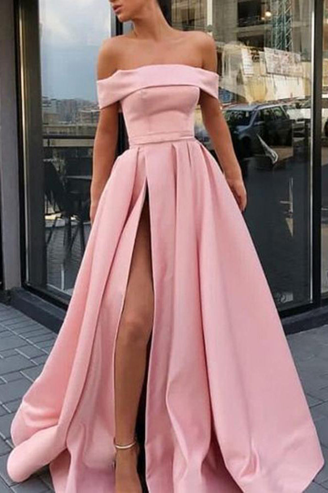 A Line Off The Shoulder Satin High Slit Yellow Prom Dresses Long Formal Dresses On Sale 9461