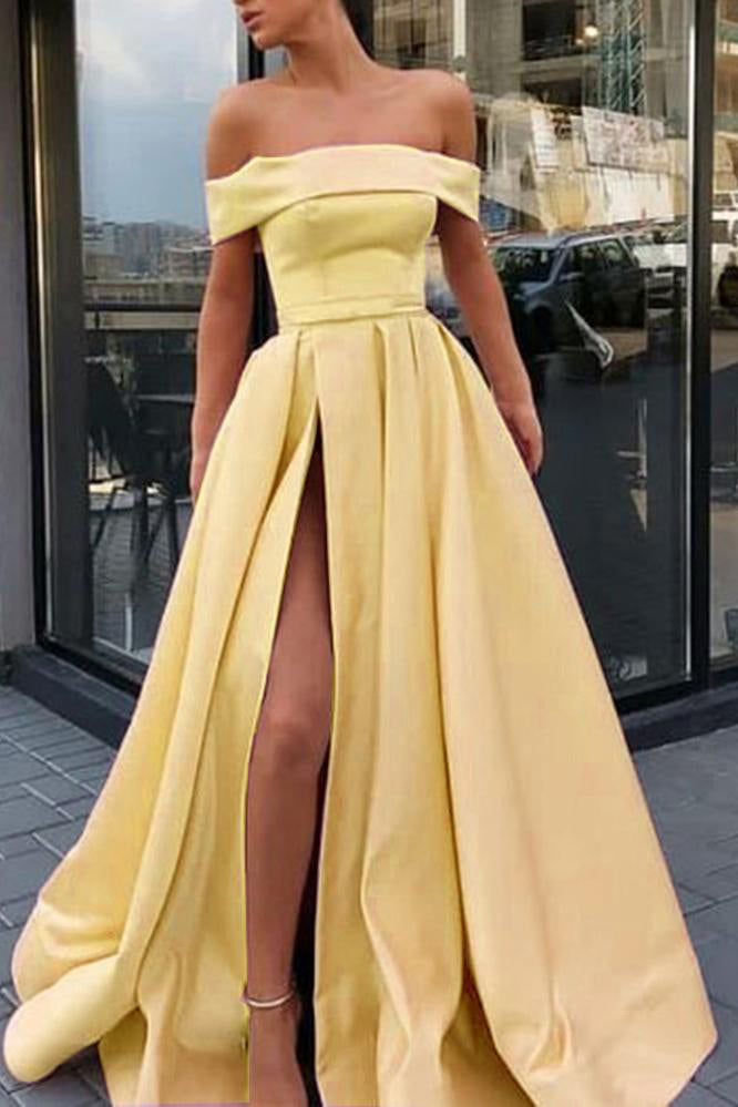 A Line Off The Shoulder Satin High Slit Yellow Prom Dresses Long Formal Dresses On Sale
