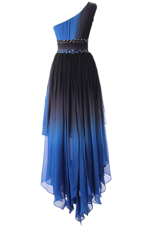 A Line One Shoulder Ombre Chiffon Blue Ruffles Prom Dresses Homecoming Dresses On Sale 0190