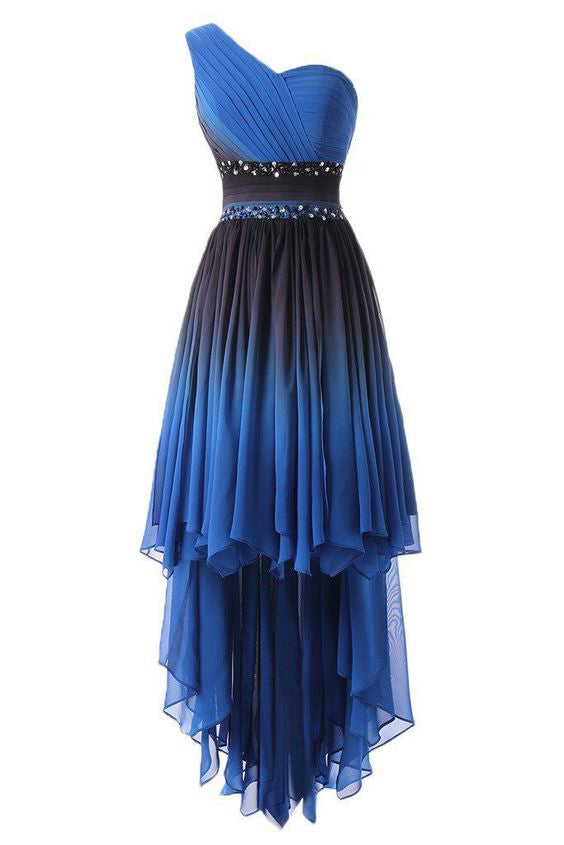 A Line One Shoulder Ombre Chiffon Blue Ruffles Prom Dresses Homecoming Dresses On Sale 1916