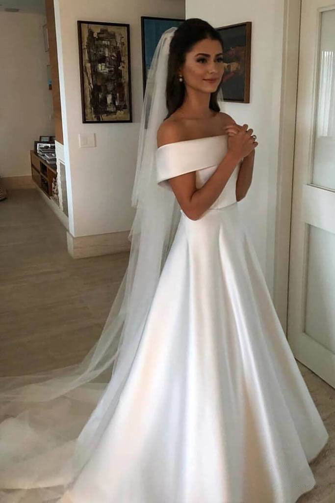 A Line Satin Off The Shoulder Ivory Wedding Dresses Short Sleeves Wedding Gowns On Sale 