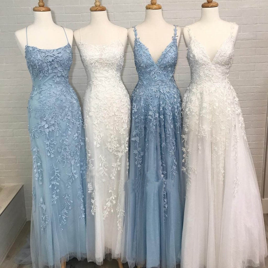 A Line Spaghetti Straps Light Blue Prom Dresses V Neck Lace Appliques