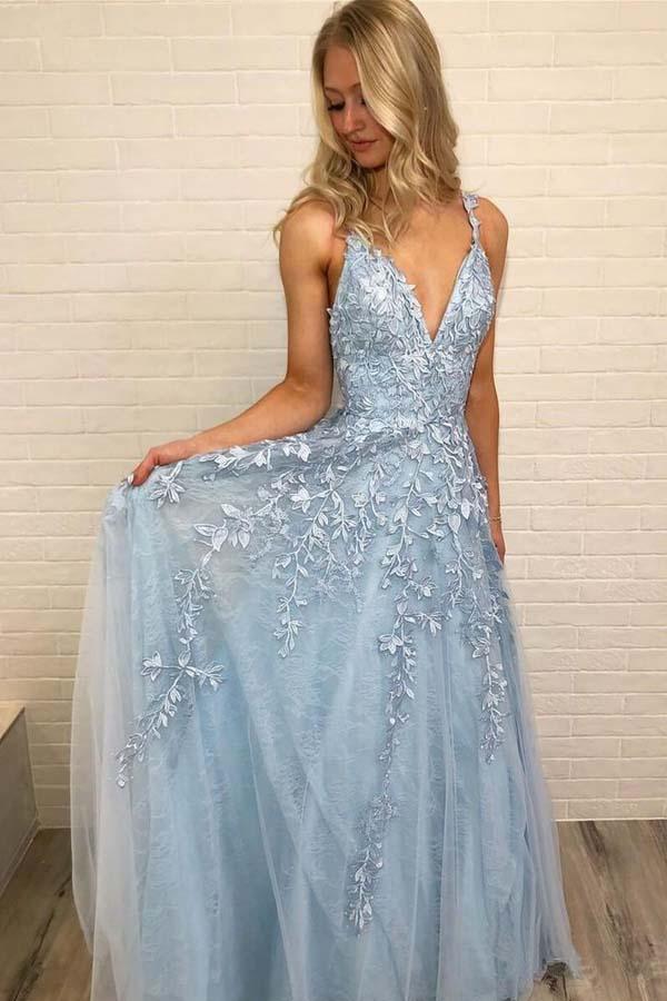 A Line Spaghetti Straps Light Blue Prom Dresses V Neck Lace Appliques Evening Dresses On Sale