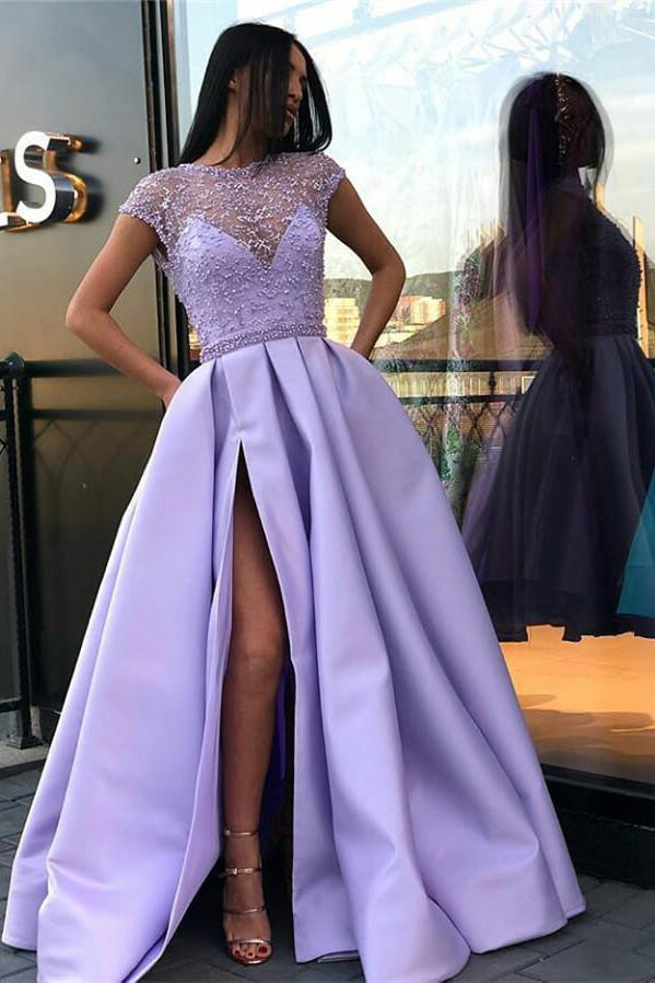 A Line Stunning Satin Beads Cap Sleeves Prom Dresses with High Slit ...