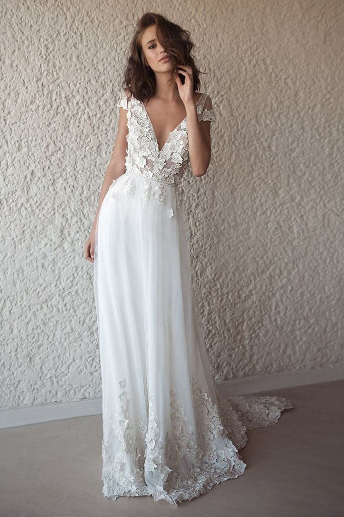 A Line Tulle Lace Appliques Wedding Dresses Short Sleeve Backless V Neck Bridal Dress On Sale 2153