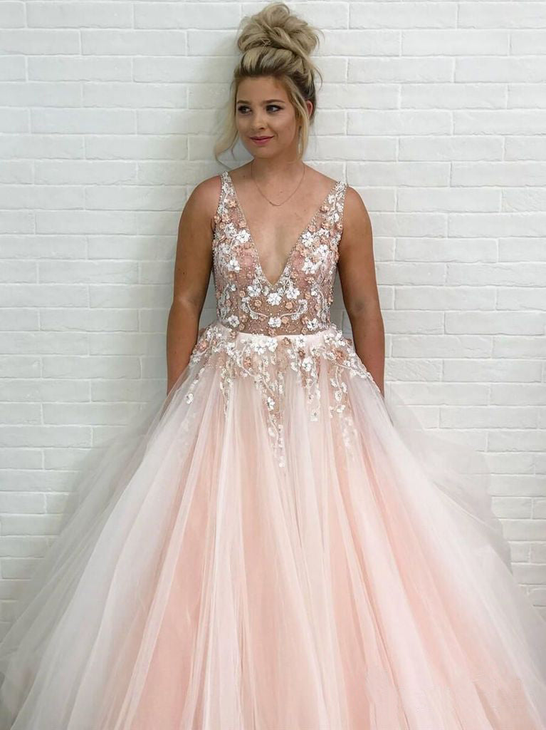 A Line Tulle V Neck Prom Dresses Beads Pink Lace Appliques Backless ...