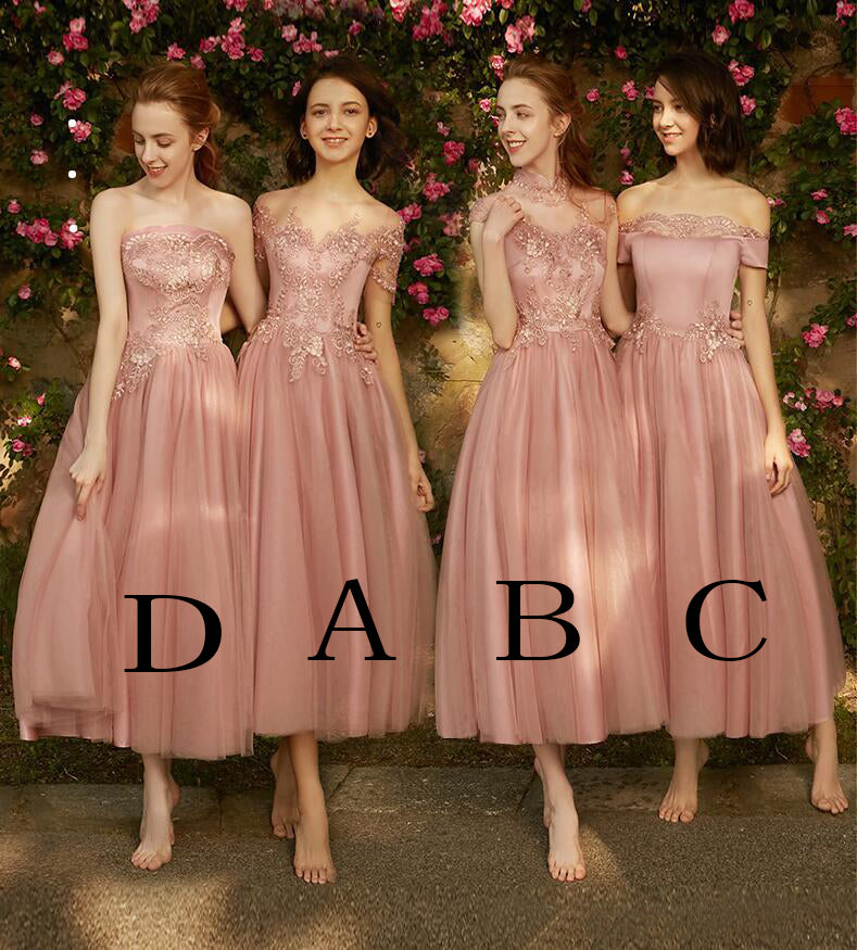 A Line Dusty Pink Short Sleeve Bridesmaid Dresses Lace Tulle Prom Dresses On Sale Promdressmeuk 0890