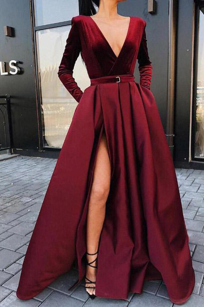 A Line Long Sleeve Burgundy Prom Dresses Satin Deep V Neck High Slit Evening Dress On Sale