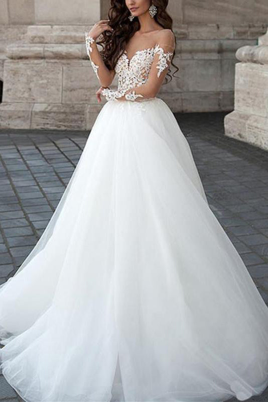 A Line Long Sleeve Tulle White Lace Appliques Wedding Dresses Long Wedding Gowns On Sale 2404