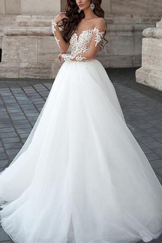 A line Long Sleeve Tulle White Lace Appliques Wedding Dresses Long ...