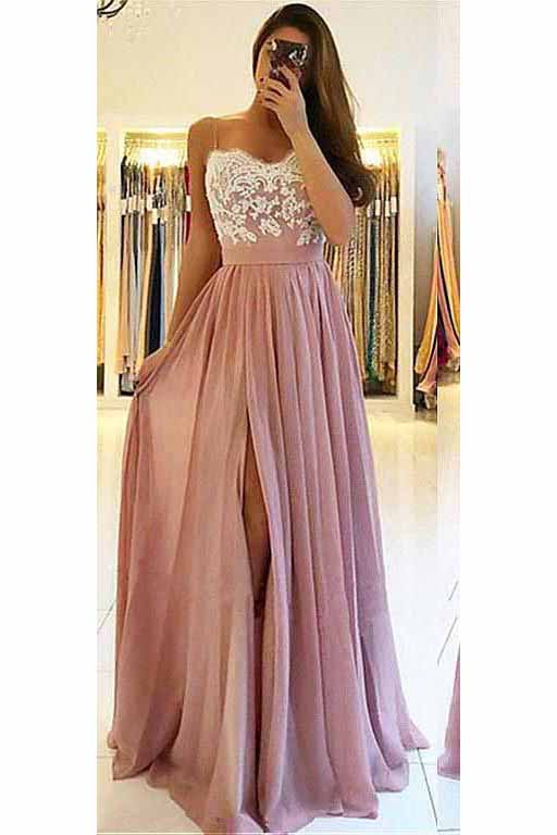 A Line Spaghetti Straps Chiffon Sweetheart Prom Dresses With Slit Lace On Sale Promdressmeuk 6834