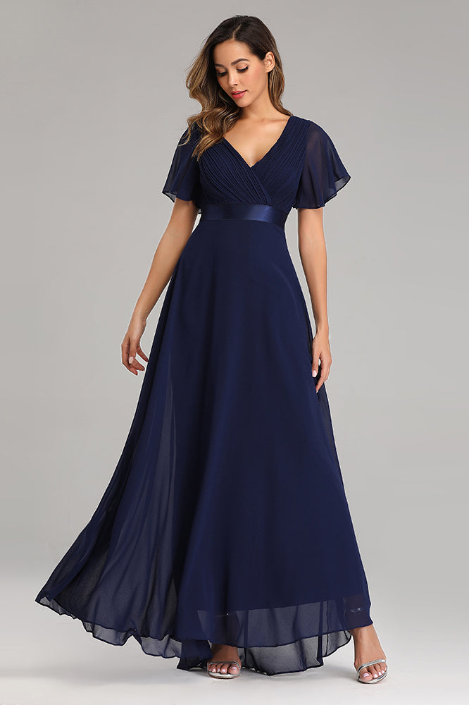 Flowy Chiffon Dark Navy Blue Prom Dress with V Neck Ruffled Sleeve ...