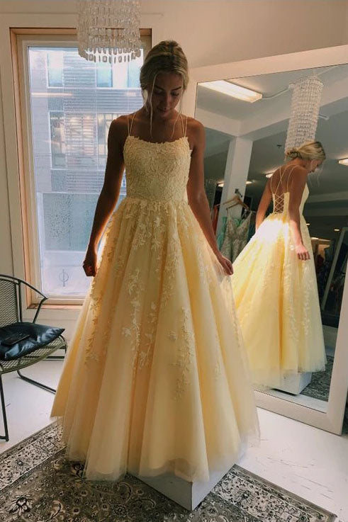 A Line Yellow Tulle Criss Cross Prom 