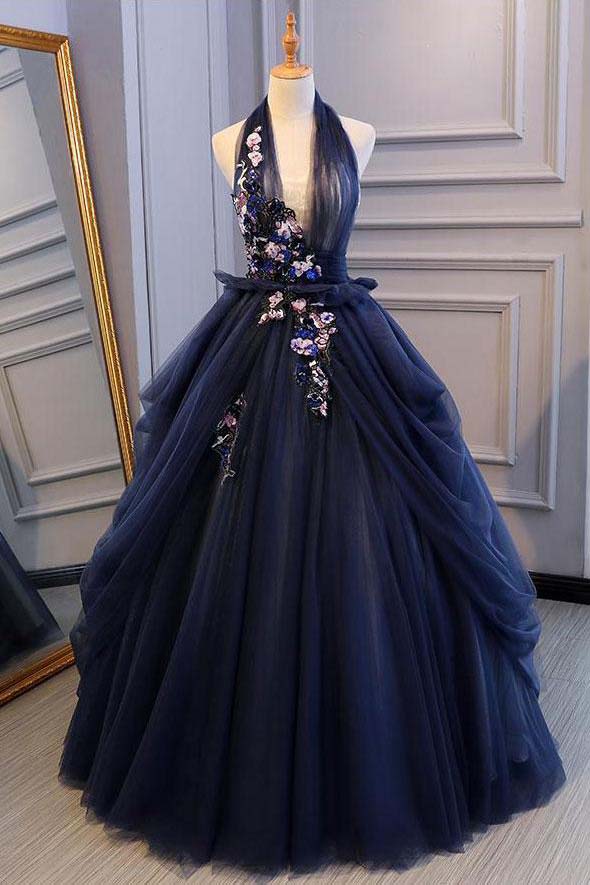 Ball Gown Blue Tulle Lace Long Prom Dresses Deep V Neck Backless Evening Dresses On Sale 