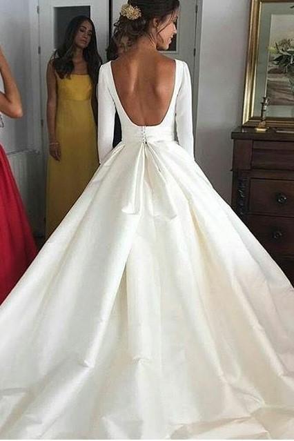 Ball Gown Long Sleeve Backless Ivory Wedding Dresses Long Cheap Bridal ...