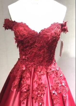 Ball Gown Red Lace Appliques Prom Dresses Off the Shoulder Quinceanera ...