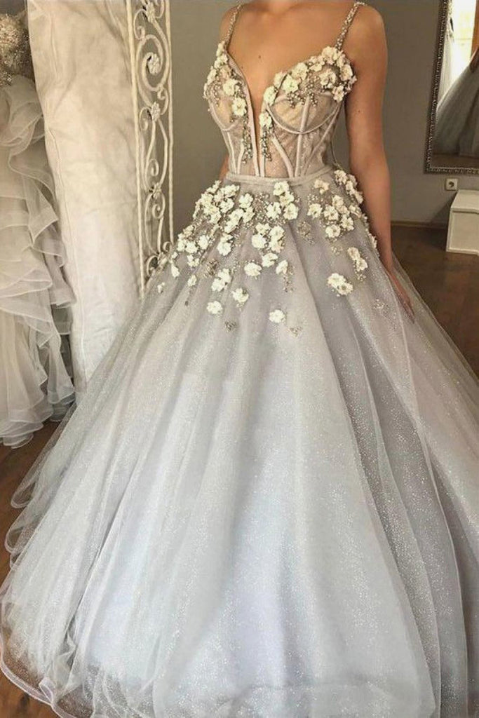 Ball Gown Spaghetti Straps V Neck Silver 3D Floral Beads Prom Dresses ...