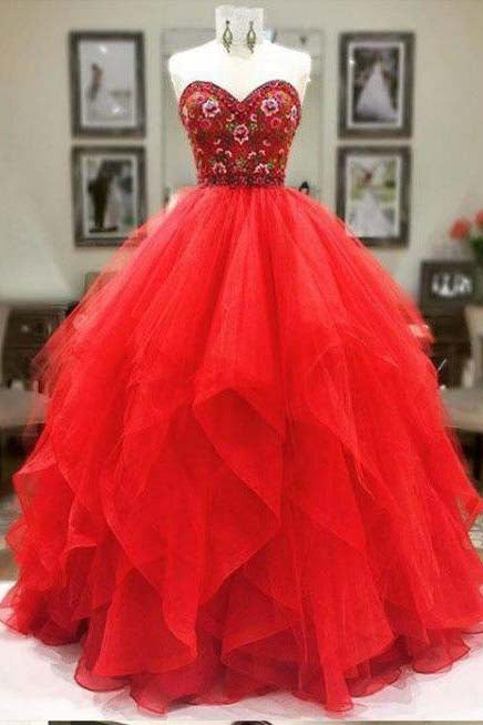 Ball Gown Sweetheart Strapless Embroidery Red Prom Dresseslong Party Dresses On Sale 1119