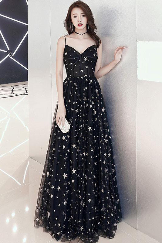 Beautiful Black Prom Dresses Spaghetti Straps V Neck Tulle Long Prom Gowns With Stars On Sale 