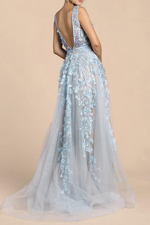 Blue Deep V Neck Backless Prom Dresses Long Lace Appliques Tulle Formal Dresses On Sale 