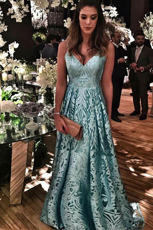 Blue Lace Spaghetti Straps Long Prom Dresses V Neck Sleeveless Evening ...