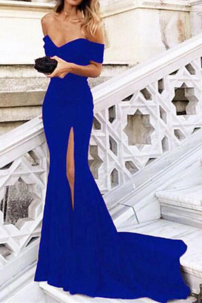 Blue Mermaid Off the Shoulder Prom Dresses with Split Satin Sweetheart ...