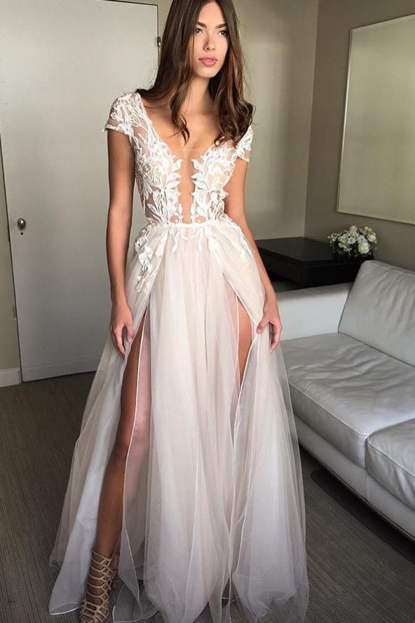 Cap Sleeve Deep V Neck Prom Dress With Appliques Backless Split Wedding Dresses On Sale 0431