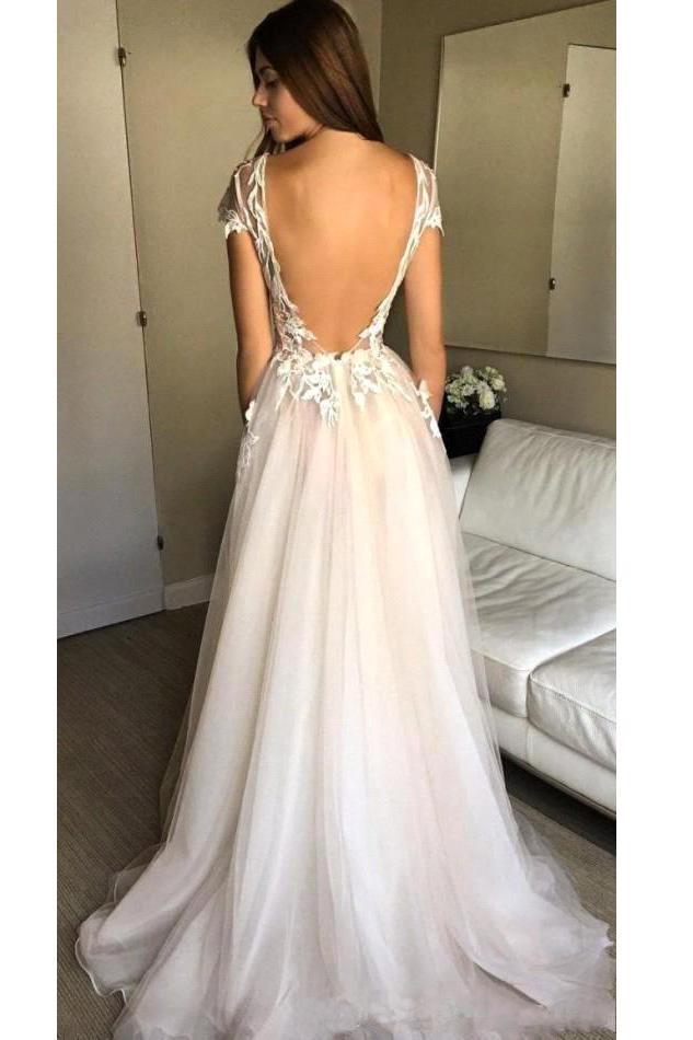 Cap Sleeve Deep V Neck Prom Dress With Appliques Backless Split Wedding Dresses On Sale 6214