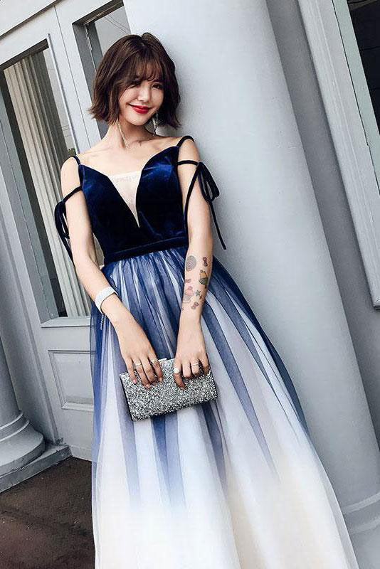 Cute Blue Ombre Long Tulle Prom Dress Unique V Neck Sleeveless Dance 3788