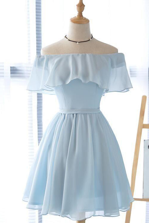 Cute Light Blue Off the Shoulder Short Prom Dresses, Chiffon Homecoming