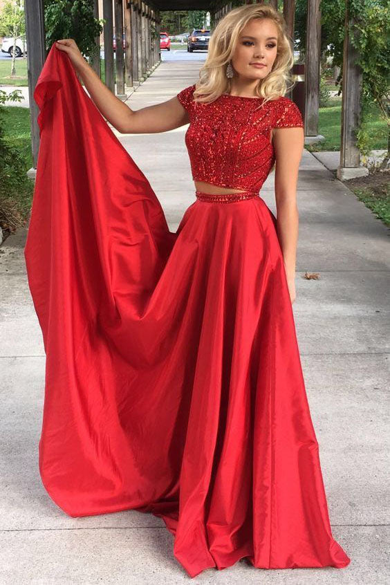 Elegant Red Two Pieces Beads Cap Sleeves Satin Evening Dresses,Prom