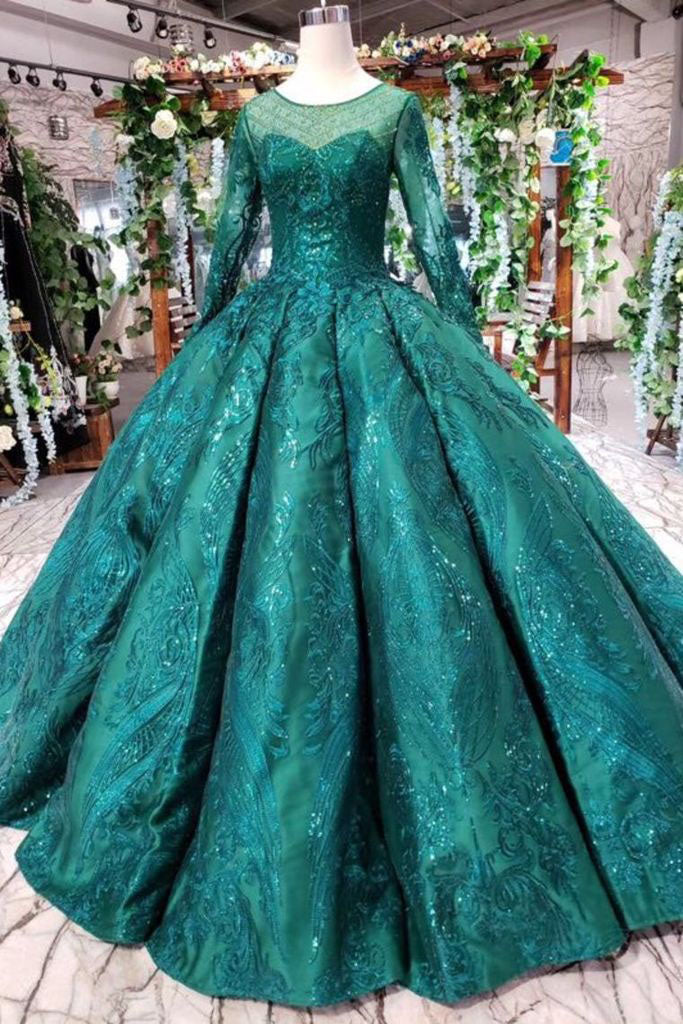 Dark Green Long Sleeves Ball Gown Prom Dress with Beads, Lace up ...