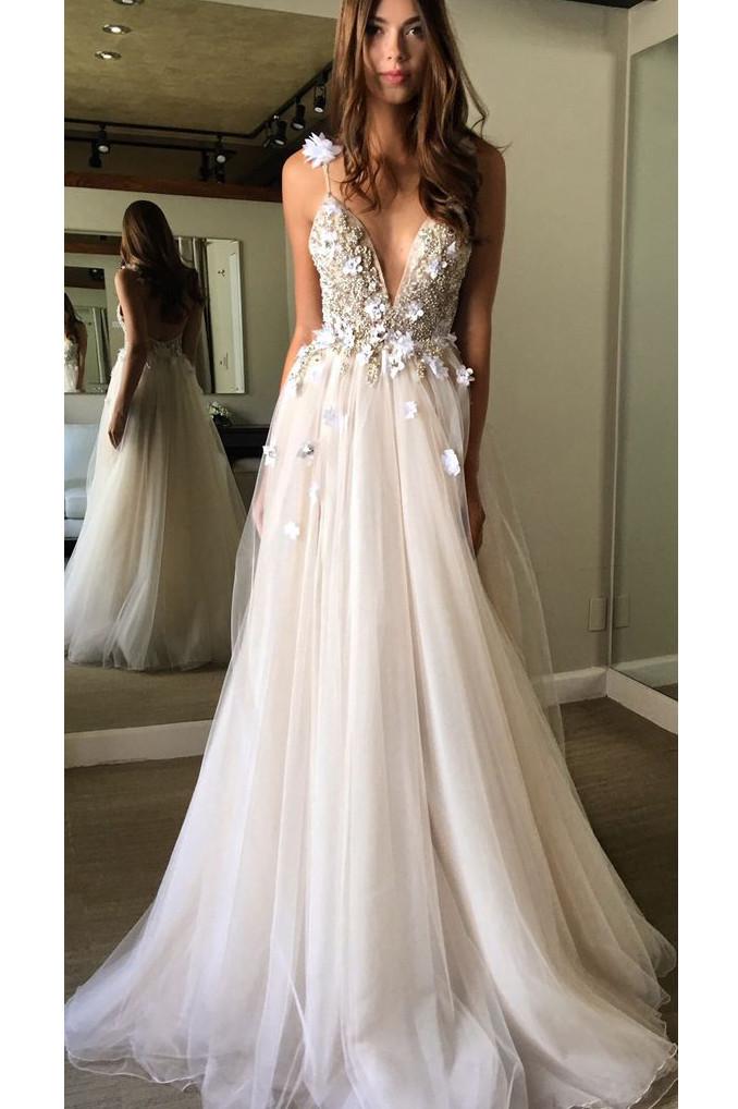 Deep V Neck Beads Prom Dresses Straps Tulle Appliques A-line Beach ...