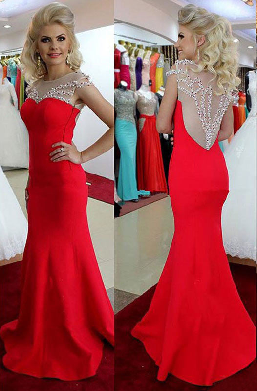 Red Beading Floor Length Satin Mermaid Prom Dresses Evening Dresses Promdressmeuk 