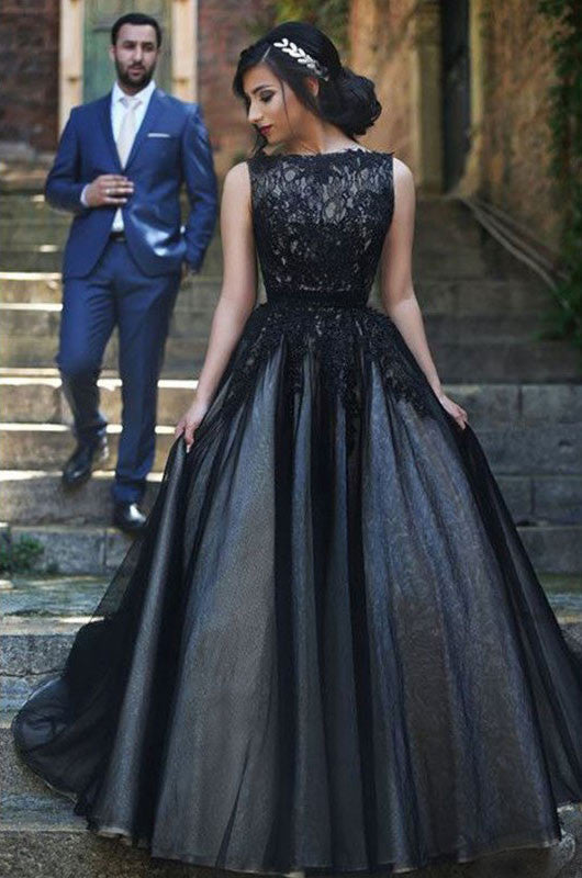 Elegant Round Neck Black Lace Ball Gown Long Prom Dress PH430 ...