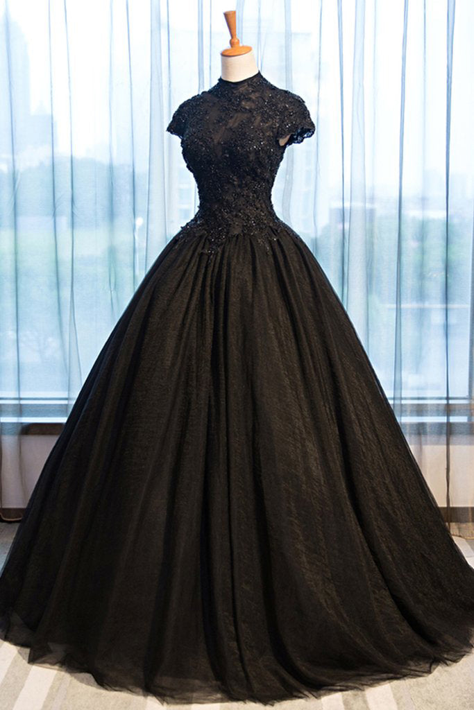 Black Tulle Cap Sleeve Long High Neck Beads Ball Gown Open Back Prom ...