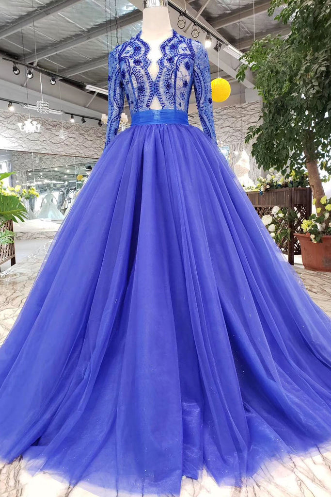 Elegant Blue Tulle Deep V Neck Long Sleeve Beads Ball Gown Prom Dresses With Lace Up On Sale 6668
