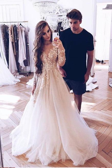 Elegant Illusion Neck Long Sleeves Tulle Wedding Dress With Appliques Bridal Dress On Sale 