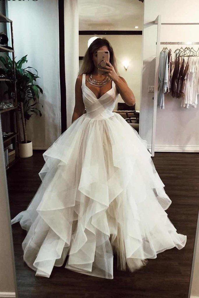 Elegant Ivory Tulle V Neck Spaghetti Straps Wedding Dresses Long Cheap Prom Dresses On Sale 5748